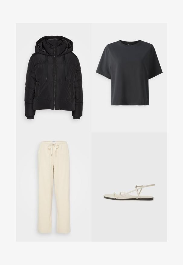 Fekete puffdzseki, kapucnival, elülső cipzárral, húzózsinórral, két cipzáras oldalzsebből és bordás mandzsettákból áll.; Fekete pamut póló, rövid ujjú, kerek nyakkivágású, laza szabású, sima textúrájú, egyszerű design, minta vagy kiegészítők nélkül.; Even&Odd Petite Nadrágok - beige; Beige lapos szandál, amelyet több vékony pánt díszít, és állítható csattal rendelkezik. A talpa lapos, az élein enyhe sötét kontraszttal.