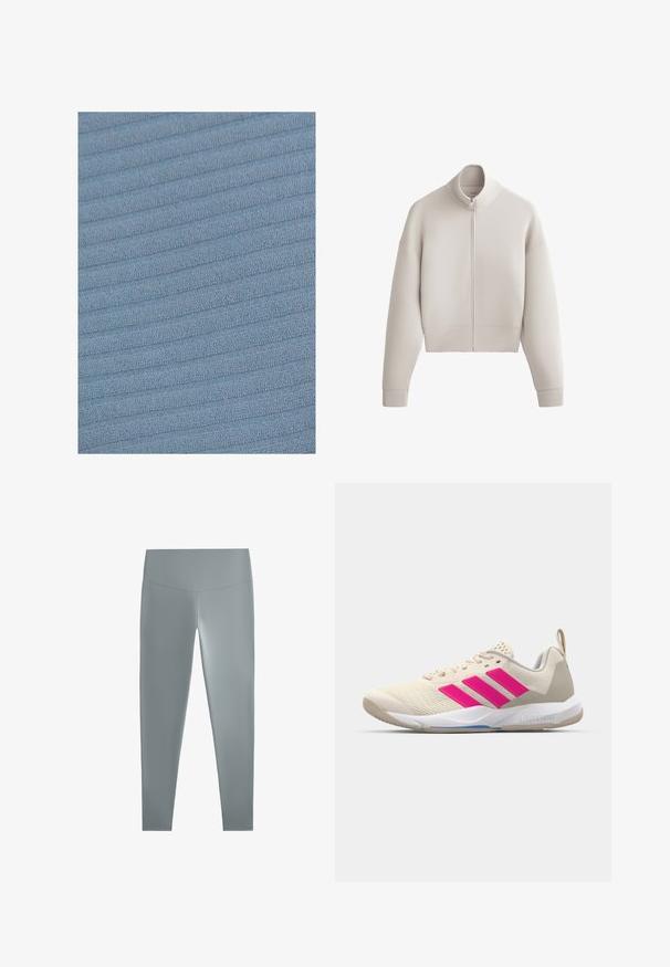 Skrátená, svetlo béžová mikina na zips s vysokým golierom, spustenými ramennými švami a rebrovanými manžetami, vyrobená z mäkkej, textúrovanej tkaniny.; Svetlomodrá tkanina s textúrovaným, ribbovým vzorom. Povrch zobrazuje mäkké, vyvýšené línie behúce horizontálne po materiáli.; Sivé legíny z hladkej, elastickej tkaniny, s vysokým pásom a priliehavým strihom, navrhnuté pre pohodlie a jednoduchý pohyb.; Béžová atletická obuv s ružovým logom trojpruhov, textúrovaný sieťový zvršok, polstrovaný golier a biela gumová podrážka s označením "LIGHTSTRIKE".