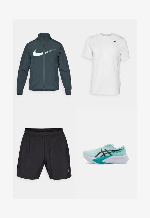 Veste coupe-vent Nike de couleur vert foncé, avec un logo Swoosh bleu clair. Fermeture éclair sur le devant, col haut et poignets élastiques. Matière lisse et légère.; T-shirt blanc à manches courtes en tissu lisse. Il présente un col rond et un petit logo Nike noir sur la poitrine gauche.; Shorts de sport noirs en matériau léger, avec une taille élastique et un petit logo sur le bas à gauche.; Baskets de course bleu clair avec une tige en mesh, accents noirs et une semelle intermédiaire blanche courbée distinctive étiquetée "FFTurbo". Présente des motifs texturés.