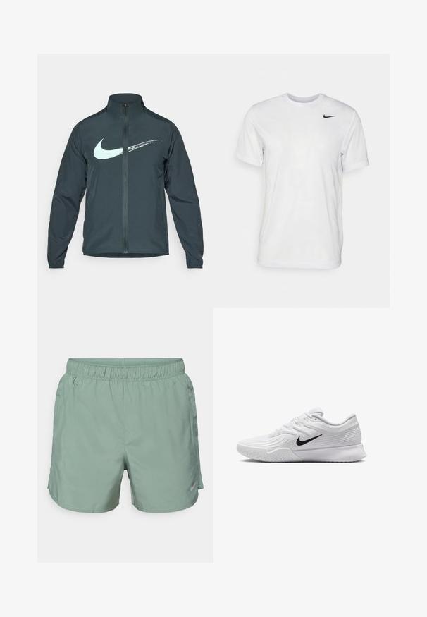 Kurtka przeciwwiatrowa Nike w ciemnozielonym kolorze, z jasnoniebieskim logo Swoosh. Zapinana na całej długości, z wysokim kołnierzem i elastycznymi mankietami. Gładki, lekki materiał.; Biała koszulka z krótkim rękawem wykonana z gładkiego materiału. Posiada okrągły dekolt oraz małe czarne logo Nike po lewej stronie klatki piersiowej.; Jasnozielone szorty sportowe wykonane z gładkiego materiału, z elastyczną talią i subtelnym logo na dolnej stronie.; Białe buty sportowe z teksturowaną siateczkową cholewką, czarnym logo Nike, wyściełanym kołnierzem oraz gumową podeszwą z bieżnikiem.