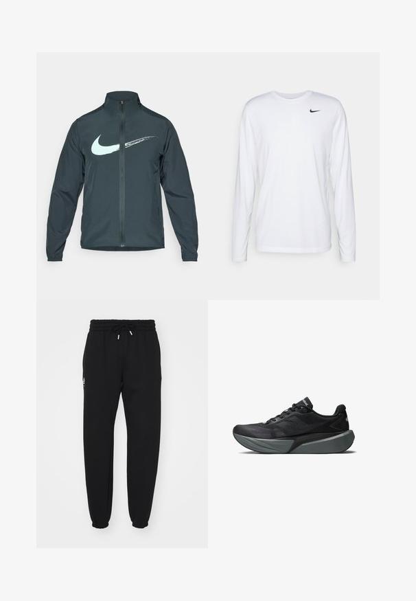 Nike vindjakke i mørkegrønn, med en lys blå Swoosh-logo. Full glidelås foran, høy krage og elastiske ermer. Glatt, lett materiale.; Nike Performance TEE RESET - Topper langermet - white/black; Svart joggebukser laget av mykt stoff, med elastisk midje med snor, elastiske mansjetter og en liten logodetalj på siden.; Svart idrettssko med mesh-overdel og teksturerte detaljer. Har en tykk grå mellomsåle og et strømlinjeformet design. Kontrastlogo på siden.
