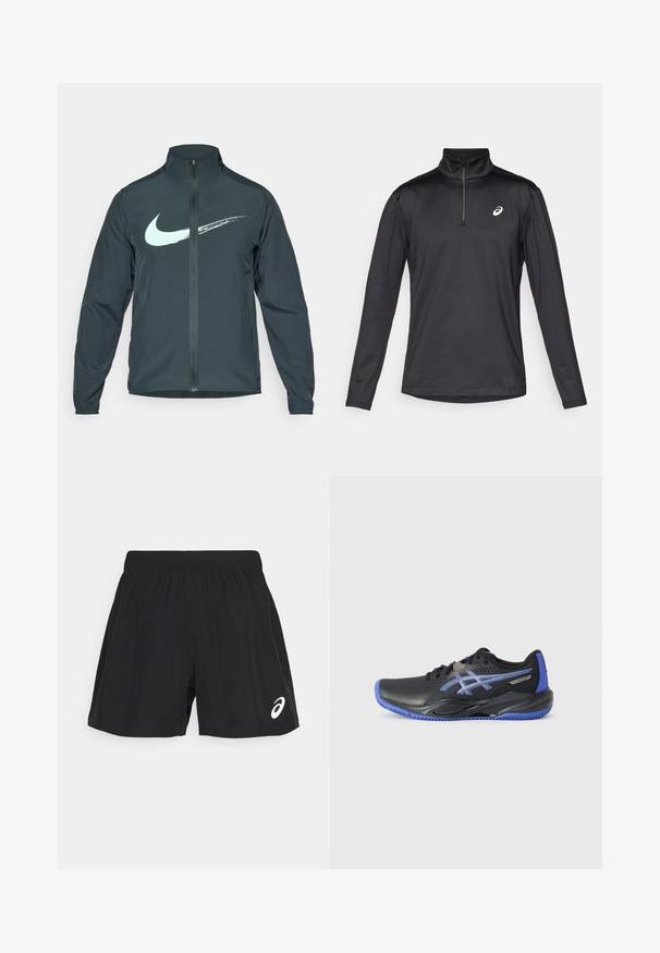 Veste coupe-vent Nike de couleur vert foncé, avec un logo Swoosh bleu clair. Fermeture éclair sur le devant, col haut et poignets élastiques. Matière lisse et légère.; T-shirt de sport noir à manches longues avec un col montant zippé. Ses caractéristiques incluent un design épuré, un tissu évacuant l'humidité et un petit logo en accent.; ASICS CORE SHORT - Short de sport - performance black/graphite grey; Baskets noires avec accents bleus, présentant une tige perforée, une semelle texturée et un détail de logo. Bout arrondi et talon rembourré.