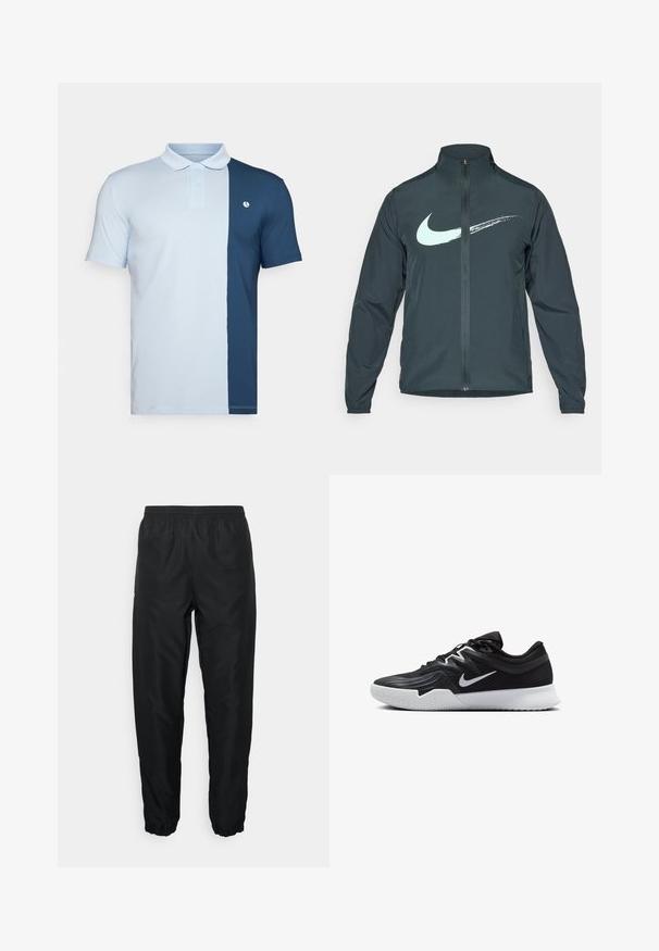 Nike vetrovka v temno zeleni barvi, ki ima svetlo modri Swoosh logotip. Poln zips na sprednji strani, visok ovratnik in elastični manšeti. Gladek, lahek material.; Polo majica iz lahkotnega materiala, razdeljenega dizajna, svetlo modra z ene strani in mornarsko modra z druge, s ovratnikom in poudarkom na logotipu.; Črne atletske hlače iz lahkega materiala z elastičnim pasom in manžetami, z gladko teksturo in minimalnim blagovnoznakom.; Črne atletske čevlje z teksturirano zgornjico, belim Nike znakom in belim gumijastim zunanjim podplatom. Imajo vezalni dizajn in dinamično obliko.