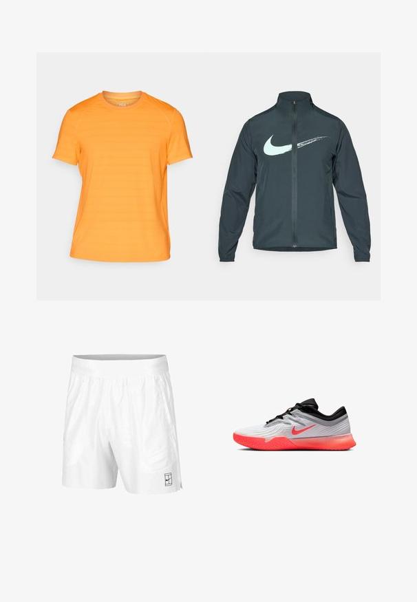 Zelený větruodolný jacket Nike, s lehce modrým logem Swoosh. Úplný zip na přední části, vysoký límec a elastické manžety. Hladký, lehký materiál.; Oranžové tričko s krátkým rukávem vyrobené z lehké tkaniny, s jemným pruhovaným vzorem a kulatým výstřihem s vyšitým logem.; Bílé sportovní šortky vyrobené z lehkého materiálu s elastickým pasem, mají dvě boční kapsy a malé černé logo na lemu.; Bílé a černé sportovní boty s jasně oranžovou podešví a logem Nike, s nízkým střihem a texturovaným gripem na přední části podrážky.