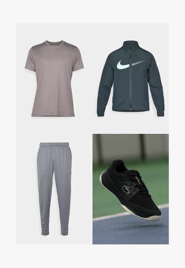 Nike vėjo nepralaidžiai striukė tamsiai žalia spalva, su šviesiai mėlynu Swoosh logotipu. Pilnas užtrauktukas priekyje, aukštas apykaklė ir elastingi rankogaliai. Lygus, lengvas medžiaga.; Pilkas trumpomis rankovėmis marškinėliai, pagaminti iš tekstūruotos medžiagos, su apvalia iškirpte ir subtiliu logotipo akcentu ant rankovės. Paprastas, švarus dizainas.; Pilkos sportinės kelnės, pagamintos iš lengvos medžiagos, su elastinga juosmens juosta, siaurėjančiomis kojomis ir mažuoju logotipu šone.; Juodas sportinis batas su tekstūruotu paviršiumi ir lygiomis detalėmis, su baltu logotipu, raišteliais ir lankstiu guminio pado.