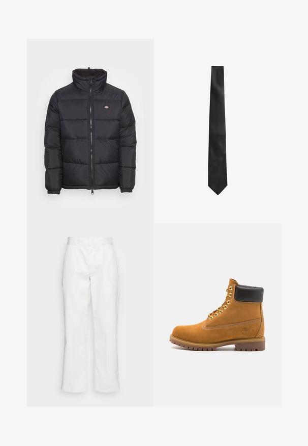 Czarna kurtka puchowa z wysokim kołnierzem, przednim zamkiem i elastycznymi mankietami. Posiada pikowane panele i małe logo na górnej lewej części klatki piersiowej.; Biała koszula z długim rękawem wykonana z bawełny, z kołnierzykiem zapinanym na guziki, jedną kieszonką na piersi i swobodnym krojem. Posiada małe guziki na przodzie.; Białe bawełniane spodnie z prostymi nogawkami, z szlufkami na pasek i bocznymi kieszeniami, o gładkiej strukturze i minimalistycznym wykończeniu.; Beżowe zamszowe botki sięgające kostki z czarną wyściełaną krawędzią, złotymi oczkami, białymi detalami szycia oraz wytrzymałą gumową podeszwą z wyraźnym bieżnikiem.; Czarny krawat z fakturowanym wykończeniem, w wąskim kształcie i szpiczastym końcu. Tkanina wydaje się gładka z subtelnym wzorem.