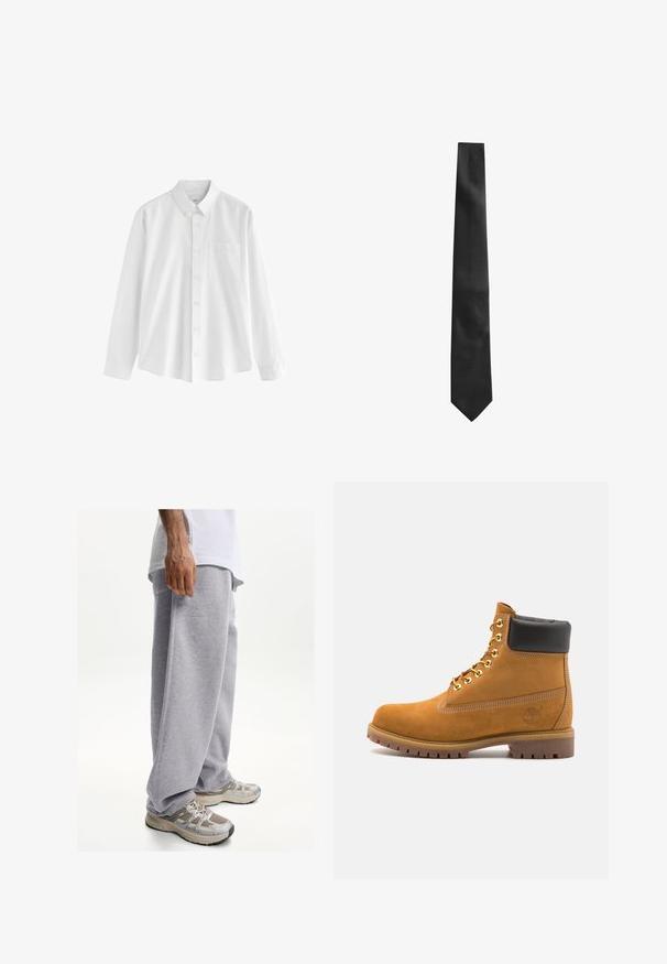 Sort pufferjakke med høj krave, frontlynlås og elastiske manchetter. Har syede paneler og et lille logo på den øverste venstre bryst. ; Hvid langærmet skjorte lavet af bomuld med krave med knapper, en enkelt brystlomme og en afslappet pasform. Har små knapper ned foran.; Grå sweatpants lavet af blødt stof, med en løs pasform og elastisk talje. Parret med beige og grå sportsko.; Tan nubuck ankelstøvle med sort polstret krave, gyldne metaløjer, hvid syning detaljer og robust gummisål med udtalte slidbaner.; Sort slipsse med en struktureret overflade, smal form og spids ende. Stoffet ser glat ud med et subtilt mønster.
