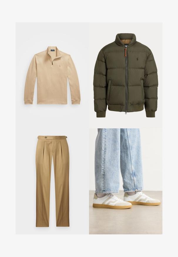 Veste matelassée vert olive, dotée d'un col montant, d'une fermeture éclair, de poches latérales, de poignets côtelés et d'un logo discret sur la poitrine.; Polo shirt beige à manches longues avec col zippé, fabriqué en tissu texturé, portant un petit logo brodé sur la poitrine gauche.; Pantalon beige à coupe droite, avec des plis, une fermeture à boutons et des passants pour ceinture. Tissu lisse avec un aspect net et ajusté.; Baskets blanches avec des accentuations en daim beige et des semelles en caoutchouc clair ; présente un design low-top et des détails texturés sur la tige.