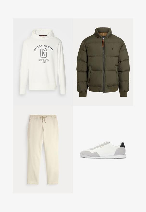 Olive roheline puffermantel, millel on kõrge kaelus, lukuga sulgemine, küljetaskud, soonikkoes mansetid ja õrnad logo rinnal.; Valge kapuutsiga sweatshirt, millel on "GANT SPORTSWEAR" tekst ja suur sinine "G" logo, ribatud varrukad ja allserv. Sile kangast tekstuur.; Kreemjatavad vabaaja püksid elastse vöökoha ja tõmbluku, sirgete jalgade ja küljetaskutega tavalise tausta ees.; Meeste tennisetossud valges tekstiilis hallide nahkaaktsentidega ja musta kannaosaga. Omavad paeltega sulgemist ja tekstureeritud kummist tallat.