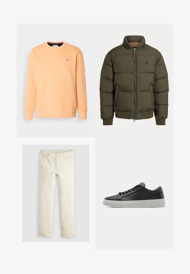 Olivengrøn pufferjakke med høj krave, lynlåslukning, sidelommer, ribstrik ved håndleddene og et diskret logo på brystet.; Ferskenfarvet sweatshirt i bomuldsblanding, rund hals, ribbede manchetter og kant. Lille blåt logo på brystet. Glat, blød tekstur med ensfarvet design.; Lys beige løstsiddende bukser med tre lommer, bæltestropper og lige ben. Fremstillet af et blødt bomuldsblandingsstof.; Sort lædersneaker med en glat overflade, rund tå og sorte snørebånd. Har en tykk, hvid gummisål med subtile geometriske detaljer.