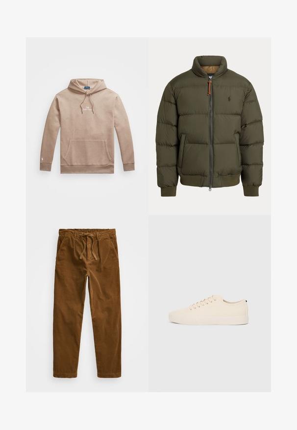 Πάρκο καπιτονέ σε ελαιόλαδο χρώμα, με ψηλό κολάρο, φερμουάρ, πλαϊνές τσέπες, ribbed μανσέτες και μια διακριτική λογότυπη στο στήθος.; Μπέιζ καπέλο με κορδόνι, εμπρόσθια τσέπη και κεντημένο λογότυπο. Κατασκευασμένο από μαλακό υλικό, με ριμπ μανσέτες και στρίφωμα.; Καφέ παντελόνι από χοντρή φανέλα με ελαστική μέση και κορδόνι, πλευρικές τσέπες και ίσια πόδια με υφή ραβδώσεων.; Μπεζ καμβάς αθλητικά παπούτσια με στρογγυλή μύτη, επίπεδη λαστιχένια σόλα και κορδόνια. Διαθέτουν ελάχιστο σχέδιο και μαύρη αντίθεση στο τακούνι.