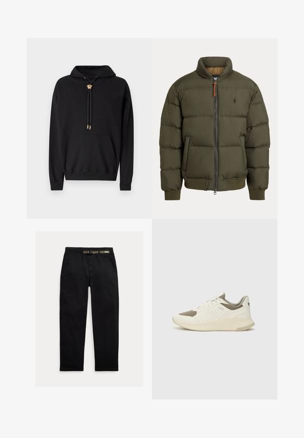 Daunenjacke in Olivgrün, mit hohem Kragen, Reißverschluss, seitlichen Taschen, gerippten Bündchen und einem dezenten Logo auf der Brust.; Schwarzer Kapuzenpullover aus Baumwolle mit einer Fronttasche, ausgestattet mit einem goldenen Löwenkopf-Detail an den Kordeln und einem eingravierten Logo auf der Brust.; Schwarze Hose aus leichtem Material, mit einem elastischen Bund und einem integrierten grünen Gürtel, geradem Beinabschluss und seitlichen Taschen.; Weiße und hellbeige Sport Sneakers, ausgestattet mit einem Obermaterial aus Netzgewebe, perforierten Details und einer strukturierten Zwischensohle mit Branding an der Ferse.