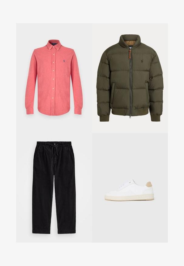 Casaco puffer em verde oliva, com gola alta, fecho de ziper, bolsos laterais, punhos canelados e um logótipo discreto no peito.; Camisa de manga longa, com botões, na cor coral, feita de um tecido suave. Apresenta um colarinho clássico e um pequeno logo azul no peito.; Calças de veludo cotelê pretas com um ajuste relaxado, apresentando uma cintura elástica com cordão e bolsos laterais. O tecido apresenta uma textura canalizada.; Sapatilhas brancas de cano baixo com parte superior em couro texturizado, sola cream estriada e detalhe em tan no calcanhar. Apresenta atacadores brancos e detalhe do logótipo no calcanhar.