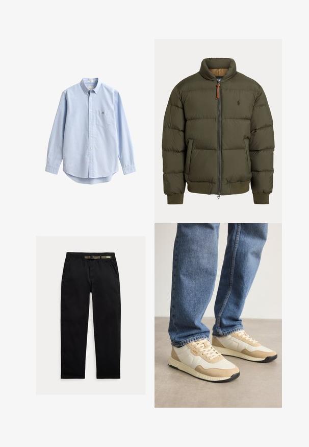 Giacca a vento in verde oliva, con colletto alto, chiusura a zip, tasche laterali, polsini a coste e un logo discreto sul petto.; Camicia azzurro chiaro in cotone con bottoni. Presenta una tasca sul petto, maniche lunghe e colletto classico. Tessuto liscio con orlo arrotondato.; Pantaloni neri in tessuto leggero, dotati di una cintura elastica integrata di colore verde, taglio dritto e tasche laterali.; Sneakers beige e crema in materiali scamosciati e in mesh, con suola testurizzata e dettagli tonali, abbinati a jeans in denim blu.