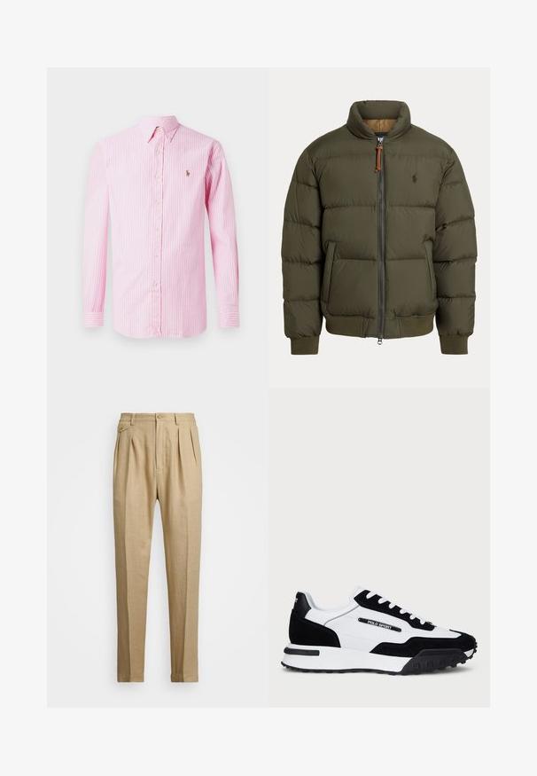 Puhasta jakna v olivno zeleni barvi, ki ima visok ovratnik, zadrgo, stranske žepe, rebraste manšete in subtilen logotip na prsih.; Roza in bela prugasta dolgosleeve srajca z ovratnikom na gumbe, ki ima majhen logotip na levem prsnem delu. Narejena iz lahkotnega materiala.; Beige lanene hlače s ravnim krojem, ki imajo dva sprednja pregiba, gumbasto zapiranje in stranske žepi. Teksturna tkanina z gladkim zaključkom.; Tenisice z zgornjim delom iz črnega usnja in belega usnja, z črnim gumijastim podplatom, belimi vezalkami in logotipom "POLO SPORT" na strani.