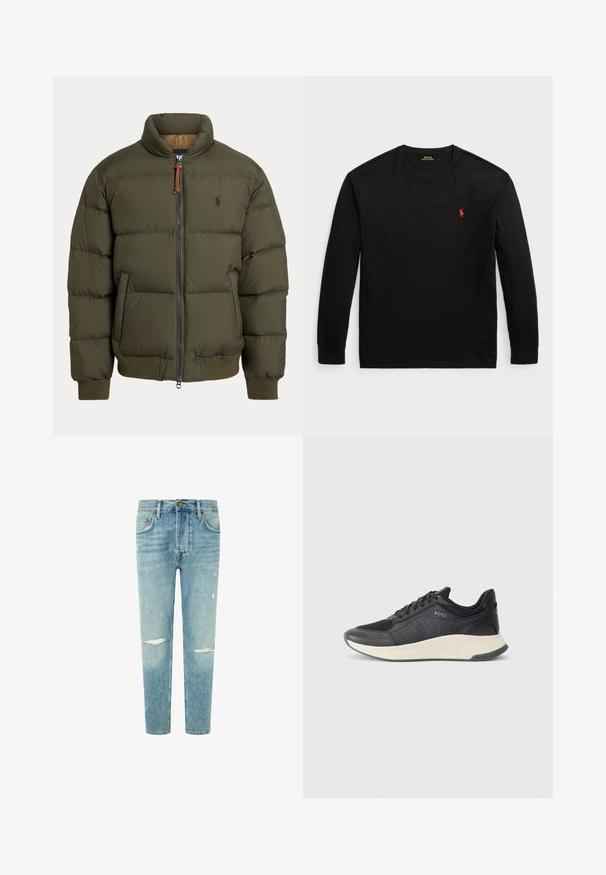 Puhasta jakna v olivno zeleni barvi, ki ima visok ovratnik, zadrgo, stranske žepe, rebraste manšete in subtilen logotip na prsih.; Črna majica z dolgimi rokavi iz bombaža. Ima krožni ovratnik, rebraste manšete in majhen rdeč vezen logotip na prsih. Gladka tekstura.; Svetlo modri kavbojki s sproščenim krojem, ki vključujejo obrabljene dele na kolenih, pet žepov in gumbasto zapiranje v pasu.; Črne športne superge z mrežasto zgornjico z perforacijami, teksturiranim srednjim delom v kremni barvi in gumijastim podplatom za oprijem.