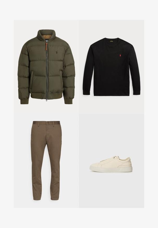Puffa bunda v olivově zelené barvě, s vysokým límcem, zipovým zapínáním, bočními kapsami, žebrovanými manžetami a decentním logem na hrudi.; Černé dlouhé tričko s dlouhým rukávem vyrobené z bavlny. Má kulatý výstřih, žebrované manžety a malé červené vyšití loga na hrudi. Hladká textura.; Hnědé kalhoty z elastické tkaniny se slim fit střihem. Mají hladký pas, poutka na opasek a dvě přední kapsy.; Krémové kožené tenisky s kulatou špičkou, minimalistickým designem, jemnými švy a texturovaným svrškem, na světlé podrážce.