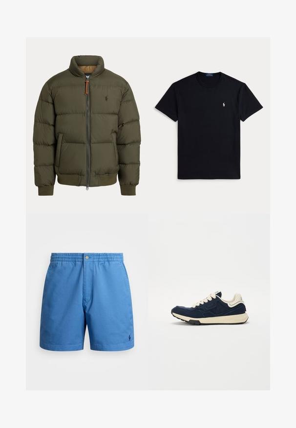 Puffa bunda v olivově zelené barvě, s vysokým límcem, zipovým zapínáním, bočními kapsami, žebrovanými manžetami a decentním logem na hrudi.; Černé bavlněné tričko s kulatým výstřihem, krátkými rukávy a malým vyšívaným logem na levé straně hrudi. Hladká textura.; Modré plavky vyrobené z lehké tkaniny, se elastickým pasem, knoflíkovým zapínáním a malým logem na levé noze.; Navy modré tenisky s texturovaným semišovým svrškem, krémovými tkaničkami a béžovou mezipodešví. Disponují klasickým sportovním designem a gumovou podrážkou.