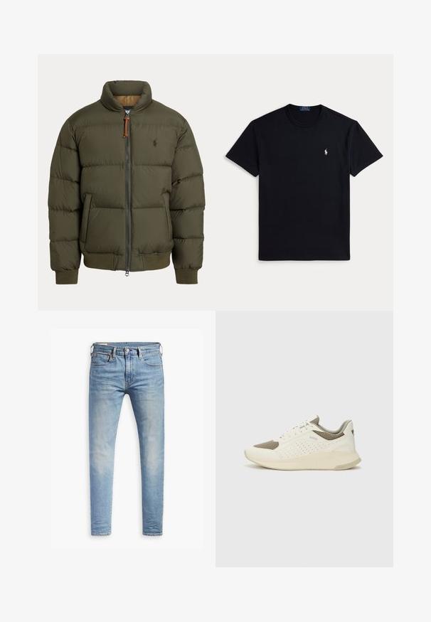 Olivos žalia pūkuota striukė, pasižyminti aukštu apykakle, užtrauktuku, šoninėmis kišenėmis, kojinėmis rankovėmis ir subtiliu logotipu ant krūtinės.; Juoda medvilninė marškinėliai su apvalia kaklelio linija, trumpomis rankovėmis ir mažu siuvinėtu logotipu kairėje krūtinės pusėje. Lygios tekstūros.; Šviesiai mėlyni aptempti džinsai su lengvu nudėvėjimu šlaunyse, priekyje užsegami mygtuku, su diržo kilpelėmis ir penkių kišenių stiliumi ant baltos fono.; Baltas ir šviesiai bežinis sportinis kedas, su tinklo viršumi, perforuotais detalėmis ir tekstūruotu tarpine su logotipu ant kulno.
