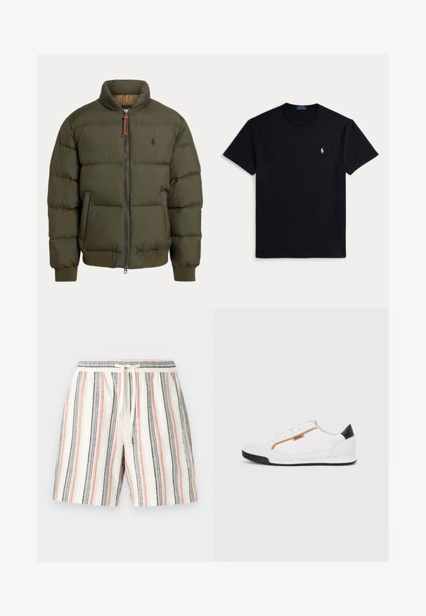 Daunenjacke in Olivgrün, mit hohem Kragen, Reißverschluss, seitlichen Taschen, gerippten Bündchen und einem dezenten Logo auf der Brust.; Schwarzes Baumwoll-T-Shirt mit Rundhalsausschnitt, kurzen Ärmeln und einem kleinen bestickten Logo auf der linken Brust. Glatte Textur.; Gestreifte Shorts aus leichtem Stoff, mit vertikalen Streifen in Weiß, Pink, Grau und Schwarz, versehen mit einem elastischen Bund und einer Kordel.; Weiße Sportschuhe mit Mesh- und Lederelementen. Ausgestattet mit einem goldenen "BOSS"-Logo, strukturierten Seitenpaneelen und einer schwarzen Fersenkappe. Gummisohle.