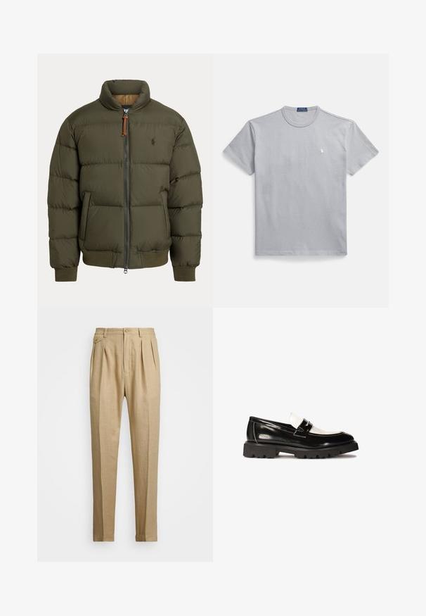 Chaqueta tipo abrigo en verde oliva, con un cuello alto, cierre con cremallera, bolsillos laterales, puños acanalados y un logo sutil en el pecho.; Camiseta de algodón gris con cuello redondo, mangas cortas y un pequeño logo blanco en el pecho izquierdo. Textura suave y ajuste relajado.; Pantalones de lino beige con corte recto, con dos pliegues frontales, cierre de botón y bolsillos laterales. Tejido texturizado con un acabado suave.; Mocasines de charol negro con un acento de cuero blanco, suela de goma negra gruesa y detalles de costura. Textura suave con un acabado brillante.