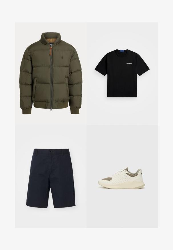 Puffer jacket in olive green, featuring a high collar, zip closure, side pockets, ribbed cuffs, and a subtle logo on the chest.; Black cotton t-shirt with a round neckline and short sleeves. Features "POLO SPORT" logo on the left chest in white. Standard fit.; Black cotton shorts featuring a flat front, side pockets, a button closure, and a straight leg cut. No visible patterns or accents.; White and light beige athletic sneaker, featuring a mesh upper, perforated detailing, and a textured midsole with branding on the heel.