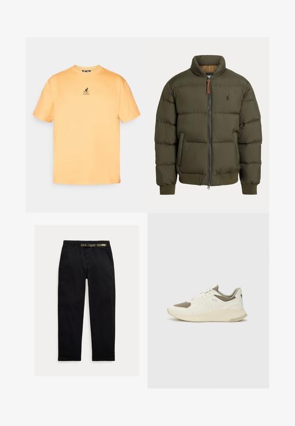 Olivos žalia pūkuota striukė, pasižyminti aukštu apykakle, užtrauktuku, šoninėmis kišenėmis, kojinėmis rankovėmis ir subtiliu logotipu ant krūtinės.; Geltona medvilnė marškinė su apvalia iškirpte, trumpomis rankovėmis ir juodu kengūros logotipu ant krūtinės. Paprastas ir nepuošnus dizainas.; Juodos kelnės, pagamintos iš lengvo audinio, su elastinga juosta ir integruota žalia diržo dalimi, tiesaus kirpimo ir šonomis kišenėmis.; Baltas ir šviesiai bežinis sportinis kedas, su tinklo viršumi, perforuotais detalėmis ir tekstūruotu tarpine su logotipu ant kulno.
