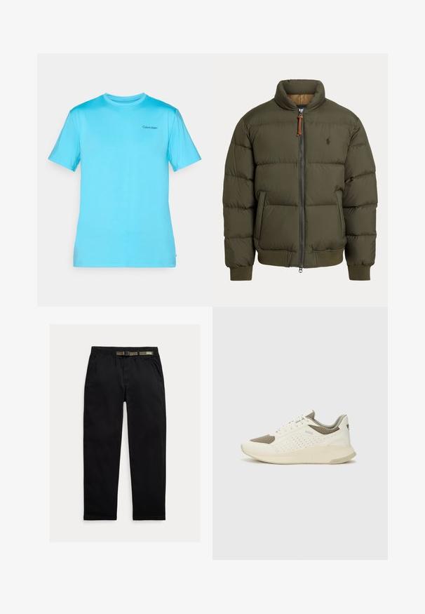 Olíva zöld puffernadrág, magas nyakkal, cipzáros záródással, oldalsó zsebekkel, bordázott mandzsettákkal és egy diszkrét logóval a mellkasán.; Világoskék, rövid ujjú póló sima anyagból. Kerek nyakkivágással és egy kicsi fekete logóval a mellrészen.; Fekete nadrág, könnyű anyagból készült, elasztikus derékpánttal és beépített zöld övvel, egyenes lábvonallal és oldalsó zsebekkel.; Fehér és világos bézs sportcipő, légies hálós felsőrésszel, perforált részletekkel és texturált középtalppal, amelyen a saroknál a márka logója található.