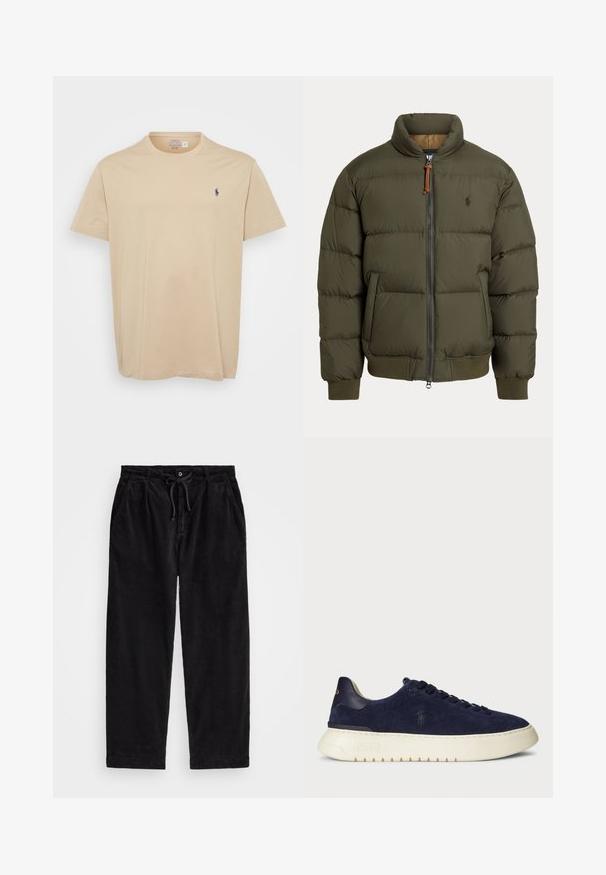 Casaco puffer em verde oliva, com gola alta, fecho de ziper, bolsos laterais, punhos canelados e um logótipo discreto no peito.; T-shirt de algodão bege com um decote redondo, mangas curtas e um pequeno logótipo bordado azul no lado esquerdo do peito. Textura suave, ajuste casual.; Calças de veludo cotelê pretas com um ajuste relaxado, apresentando uma cintura elástica com cordão e bolsos laterais. O tecido apresenta uma textura canalizada.; Sapatilha baixa em camurça azul-marinho com uma superfície texturizada, sola de borracha e atacadores tonais, apresentando um pequeno logótipo de lado e no calcanhar.