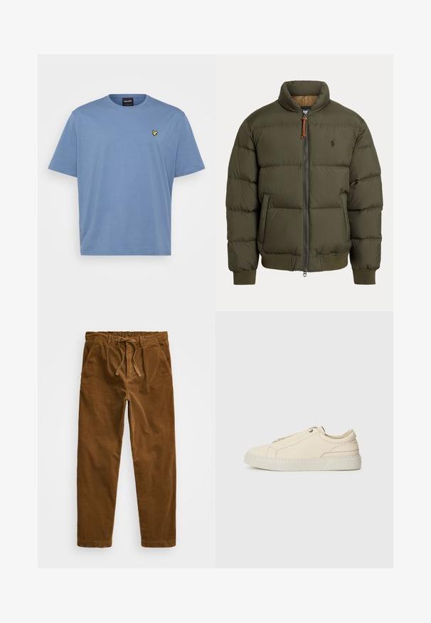 Olíva zöld puffernadrág, magas nyakkal, cipzáros záródással, oldalsó zsebekkel, bordázott mandzsettákkal és egy diszkrét logóval a mellkasán.; Világoskék pamut póló klasszikus kerek nyakkal. A bal mellen egy kis hímzett sárga logó található. Rövid ujjú, kényelmes fazonú.; Barna kordbársony nadrág, rugalmas derékkal és húzózsinórral, oldalsó zsebekkel és egyenes szárakkal, texturált bordázással.; Beige bőr sneaker, lekerekített orral, minimalista dizájnal, finom varrási részletekkel és texturált felsőrésszel, világos talpon.