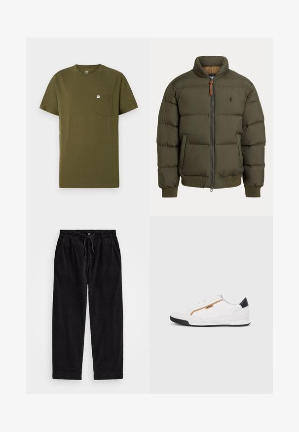 Olíva zöld puffernadrág, magas nyakkal, cipzáros záródással, oldalsó zsebekkel, bordázott mandzsettákkal és egy diszkrét logóval a mellkasán.; Olívazöld pamut póló kerek nyakkal, rövid ujjakkal és bal oldalon mellzsebbel, amelyen egy kis márkacímke található. Simább textúrával.; Fekete kordbársonyfelső nadrág laza szabással, rugalmas derékpánttal és húzózsinórral, valamint oldalsó zsebekkel. Az anyag bordás textúrájú.; Fehér sportcipők, hálós és bőr díszítésekkel. Kiemelkedő arany "BOSS" logó, textúrázott oldalpanelekkel és fekete sarokkal. Gumi talp.