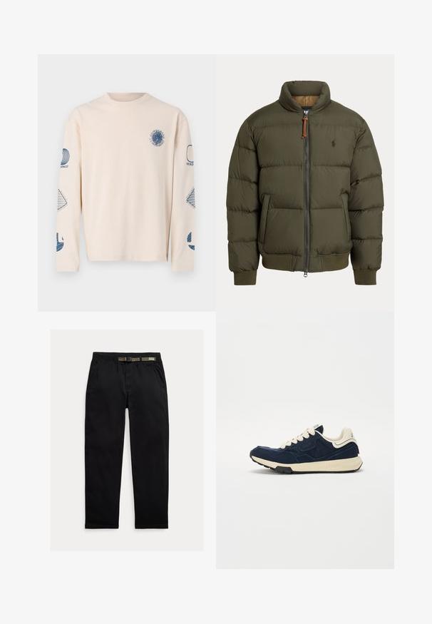 Pufferjack in olijfgroen, met een hoge kraag, ritsluiting, zijzakken, geribbelde manchetten en een subtiele logo op de borst.; Beige T-shirt met lange mouwen van katoen. Heeft blauwe grafische prints op de borst en mouwen, met verschillende geometrische ontwerpen.; Zwarte broek van lichtgewicht stof, met een elastische tailleband en een geïntegreerde groene riem, recht model en zijzakken.; Marineblauwe sneaker met een gestructureerde leren bovenkant, crèmekleurige veters en een beige middenzool. Beschikt over een klassiek atletisch ontwerp en rubberen loopzool.