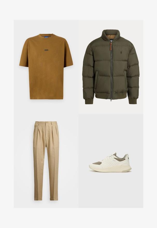Puffer-takki oliivinvihreänä, jossa on korkea kaulus, vetoketjusuljenta, sivutaskut, ribbikudotut hihansuut ja hienovarainen logo rinnassa.; Ruskea, lyhythihainen, pyöreäkauluksinen T-paita, joka on valmistettu puuvillasta. Edessä on pieni musta logotägi, jossa lukee "HUGO".; Vaaleat pellavahousut suoralinjaisella leikkauksella, joissa on kaksi etukaitaletta, nappikiinnitys ja sivutaskut. Rakenteellinen kangas, jossa on sileä pinta.; Valkoinen ja vaaleanbeige urheilukengät, joissa on verkkomateriaali yläosa, rei'itettyjä yksityiskohtia ja teksturoitu välipohja, jossa on brändäys kantapäässä.