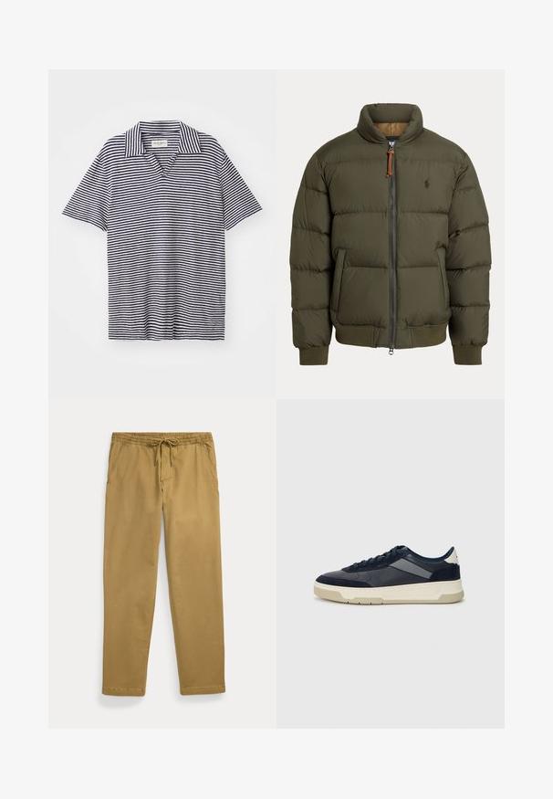 Olivengrøn pufferjakke med høj krave, lynlåslukning, sidelommer, ribstrik ved håndleddene og et diskret logo på brystet.; Stribet polo shirt med V-udskæring, prydet med marineblå og hvide vandrette striber, korte ærmer og et blødt, let materiale.; Khaki lige ben bukser med elastisk talje og front snøre, med skrå forlommer og stikkede sømme.; BOSS BALTIMORE - Sneakers - open blue