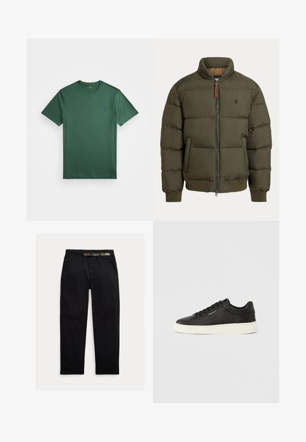 Casaco puffer em verde oliva, com gola alta, fecho de ziper, bolsos laterais, punhos canelados e um logótipo discreto no peito.; T-shirt de algodão verde com decote redondo. Apresenta mangas curtas e um pequeno logótipo azul no lado esquerdo do peito. Textura suave, ajuste clássico.; Calças pretas feitas de um tecido leve, com uma cintura elástica com um cinto verde integrado, corte reto e bolsos laterais.; Ténis de couro preto com sola de borracha branca, atacadores planos e detalhe de marca lateral. Textura lisa e design com biqueira arredondada.