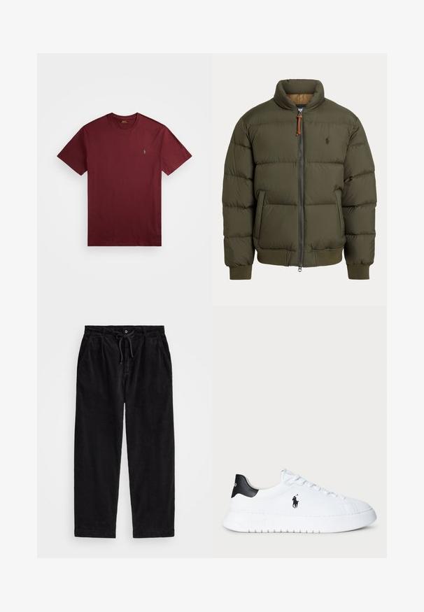 Pufová bunda v olivovej zelenej farbe, s vysokým golierom, zipsovým zaClosure, bočnými vreckami, rebrovanými manžetami a nenápadným logom na hrudi.; Burgundská bavlnená tričko s krátkymi rukávmi, okrúhlym výstrihom a malým zeleným logom vyšitým na ľavej hrudi. Hladká textúra.; Čierne manšestrové nohavice s uvoľneným strihom, s elastickým pásom a sťahovacou šnúrkou, a bočnými vreckami. Tkanina má rebrovanú štruktúru.; Biele nízke tenisky s čiernym opakom na päte a čiernym logom Polo Ralph Lauren na boku, so bielymi šnúrkami a hrubou gumovou podrážkou.