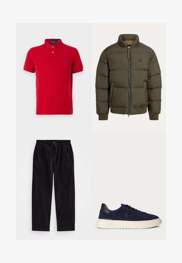 Casaco puffer em verde oliva, com gola alta, fecho de ziper, bolsos laterais, punhos canelados e um logótipo discreto no peito.; Polo Ralph Lauren THE ICONIC MESH POLO SHIRT - Polo - martin red; Calças de veludo cotelê pretas com um ajuste relaxado, apresentando uma cintura elástica com cordão e bolsos laterais. O tecido apresenta uma textura canalizada.; Sapatilha baixa em camurça azul-marinho com uma superfície texturizada, sola de borracha e atacadores tonais, apresentando um pequeno logótipo de lado e no calcanhar.
