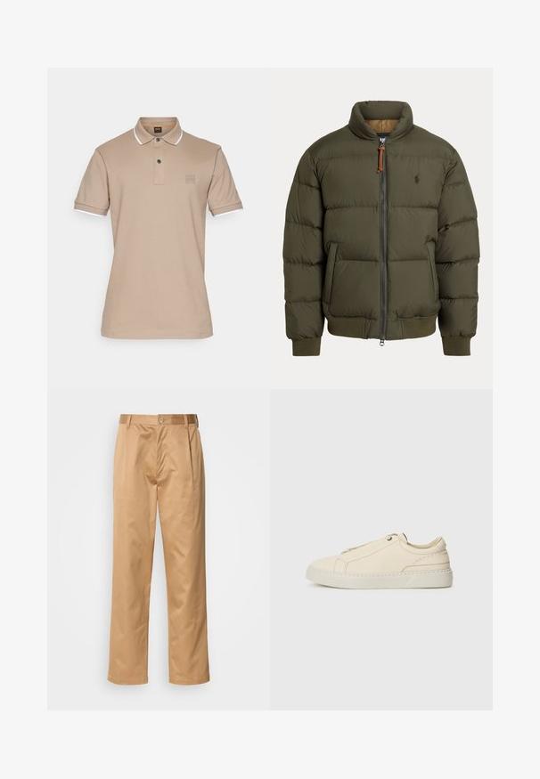 Jakna od puhvane tkanine u maslinastoj boji, s visokim ovratnikom, zatvaranjem na cipzar, bočnim džepovima, rebrastim manžetama i suptilnim logotipom na prsima.; BOSS PASSERTIP - Polo majica - open brown; Khač pantaloni, mješavina pamuka, ravnog kroja, s prednjim nabora, petljama za remen i kopčanjem na gumb. Glatka tekstura bez uzoraka.; Bež kožne tenisice s okruglim vrhom, minimalistički dizajn, suptilni šavovi i teksturirana gornja strana, na svijetloj potplati.