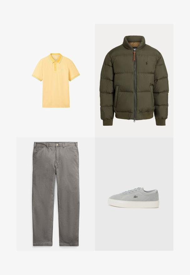 Pufová bunda v olivovej zelenej farbe, s vysokým golierom, zipsovým zaClosure, bočnými vreckami, rebrovanými manžetami a nenápadným logom na hrudi.; Žlté polo tričko s textúrovanou tkaninou. Má golier, zapínanie na tri gombíky a kontrastné mintzelené akcenty na rukávoch.; Sivé bavlnené nohavice s rovnými nohavicami, vybavené zapínaním na zips a mosadzným gombíkom. Dve predné vrecká a hladký povrch.; Lacoste COURT - Tenisky - grey/off white