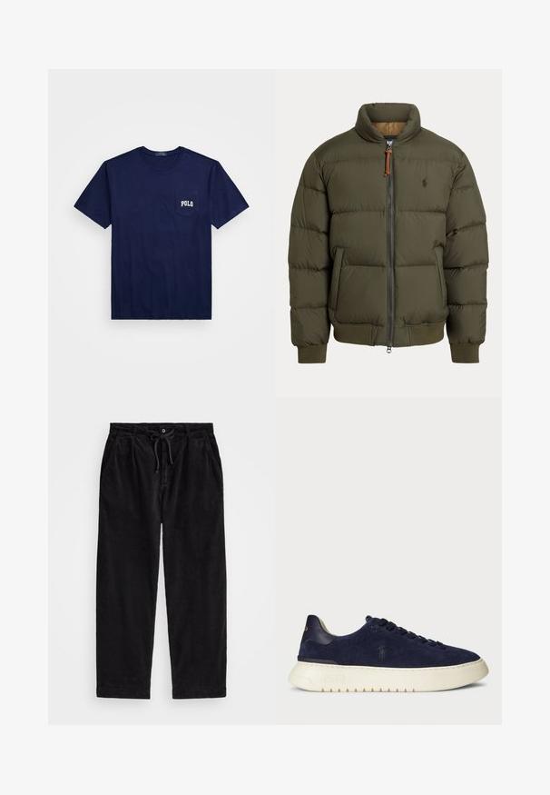 Puffa bunda v olivově zelené barvě, s vysokým límcem, zipovým zapínáním, bočními kapsami, žebrovanými manžetami a decentním logem na hrudi.; Námořnická modrá bavlněná tričko s kulatým výstřihem. Na levé straně obsahuje kapsu s bílým nápisem "POLO". Krátké rukávy.; Černé kordové kalhoty s volným střihem, vybavené elastickým pasem se šňůrkou a bočními kapsami. Tkanina má jemně rýhovanou strukturu.; Navy semišové nízké tenisky s texturovaným povrchem, gumovou podrážkou a tónovacími šňůrkami, s malým logem na boku a patě.