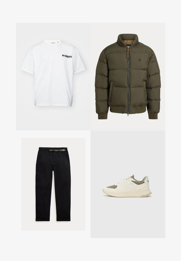 Puhasta jakna v olivno zeleni barvi, ki ima visok ovratnik, zadrgo, stranske žepe, rebraste manšete in subtilen logotip na prsih.; MISBHV COMMUNITY - Potiskana majica - white; Črne hlače iz lahkega blaga, z elastičnim pasom in vgrajenim zeleni pasom, ravne noge in stranskimi žepi.; Beli in svetlo bež športni copat, s mrežastim zgornjim delom, perforiranimi detajli in teksturirano srednjim delom z blagovno znamko na peti.
