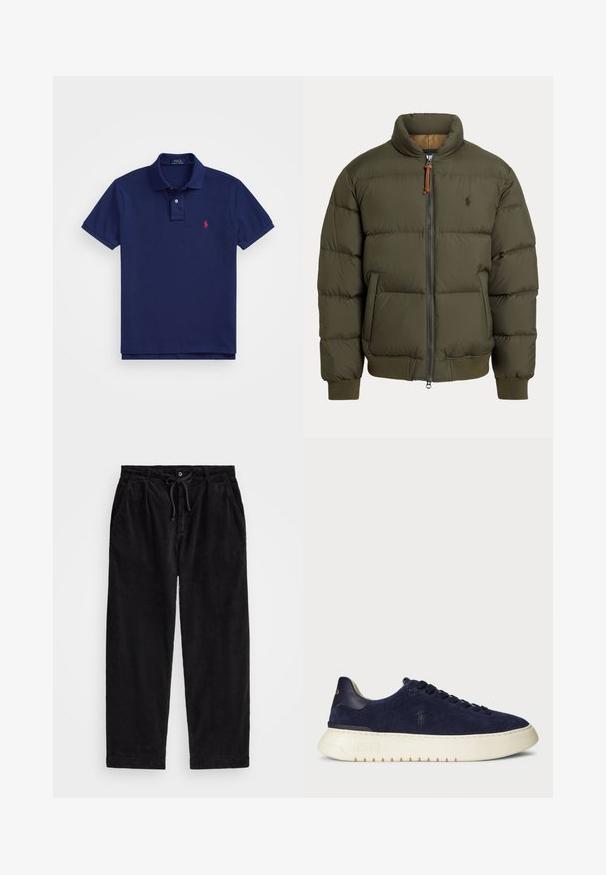 Puffa bunda v olivově zelené barvě, s vysokým límcem, zipovým zapínáním, bočními kapsami, žebrovanými manžetami a decentním logem na hrudi.; Námořnická modrá polo tričko s klasickým límcem, krátkými rukávy a červeným výšivkovým logem na levé části hrudi. Vyrobeno z měkké bavlny.; Černé kordové kalhoty s volným střihem, vybavené elastickým pasem se šňůrkou a bočními kapsami. Tkanina má jemně rýhovanou strukturu.; Navy semišové nízké tenisky s texturovaným povrchem, gumovou podrážkou a tónovacími šňůrkami, s malým logem na boku a patě.