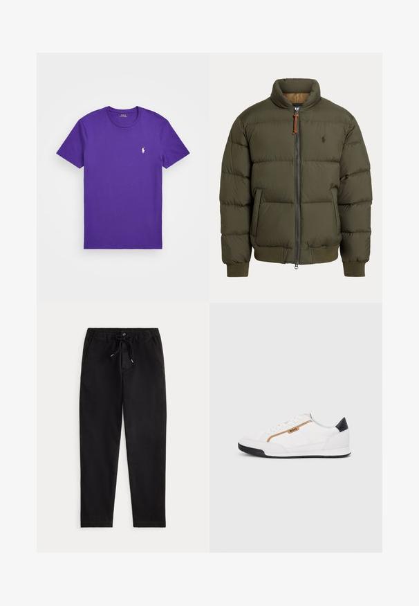 Kurtka puchowa w oliwkowej zieleni, z wysokim kołnierzem, zamkiem błyskawicznym, bocznymi kieszeniami, ściągaczami na mankietach oraz subtelnym logo na klatce piersiowej.; Polo Ralph Lauren - T-shirt basic; Czarne casualowe spodnie z elastycznym pasem, sznurkiem do regulacji, guzikiem z przodu oraz bocznymi kieszeniami, zaprezentowane na jednolitym tle.; Białe buty sportowe z siateczkowymi i skórzanymi akcentami. Posiadają złote logo "BOSS", teksturowane boczne panele i czapkę pięty w kolorze czarnym. Gumowa podeszwa.