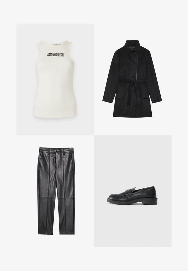 Schwarzer Mantel aus weichem Stoff mit hohem Kragen, vorderem Reißverschluss, Taillengürtel und zwei Seitentaschen. Hat eine lockere Passform und lange Ärmel.; Cremfarbener Tank-Top aus geripptem Material, mit schwarzer und silberner, mit Schmucksteinen verzierter Schrift, die "MUSE" auf der Vorderseite spellt.; Schwarze Lederhosen mit glatter Textur, gerader Passform, zwei Fronttaschen und sichtbaren Nahtdetails.; Schwarze Lederloafers mit abgerundetem Zehenbereich, genähten Details und kleinem Absatz. Glatte Textur und eine flexible Gummisohle.