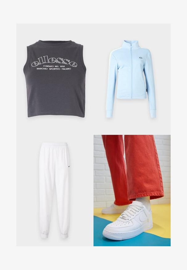 Chaqueta azul clara con cremallera y cuello alzado. Presenta mangas largas, franjas en los hombros y un logo en el lado izquierdo del pecho. Textura lisa.; Top corto de color gris oscuro, hecho de algodón suave, con texto de marca impreso en blanco y cuello redondeado sin mangas.; Pantalones deportivos blancos hechos de tela ligera, con cintura elástica, piernas entalladas y un pequeño logo negro de Nike en el costado.; Zapatilla de cuero blanco con caja de dedos perforada, suela texturizada y cordones blancos, combinada con pantalones rojos amplios y un fondo azul y amarillo.