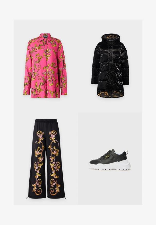 Čierna púštna bunda s lesklým povrchom, obsahujúca kapucňu, zipsové vrecká a vzorovanú zlatú podšívku. Krabicový strih a dĺžka po kolená.; Versace Jeans Couture Blúzka so zapínaním na gombíky - rosa; Čierne široké nohavice s farebnou kvetinovou výšivkou v ružovej a žltej na stranách. Majú elastický pás a zipsové akcenty.; Čierne kožené tenisky s bielou gumovou podrážkou, s polstrovaným golierom, šnurovaním vpredu a zlatým logom na boku.