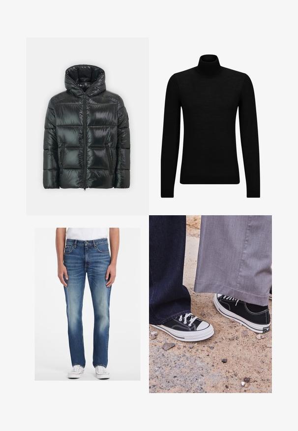 Mustat puhvjakid, millel on särav, tikitud tekstuur, kapuuts ja esine tõmblukk. Omab kahte küljetaskut ja vormitud siluetti.; Musthave muströid ja pehmest materjalist must turtleneck, millel on pikad varrukad ja tihe istuvus. Ribaga ääris allservas ja vöökohal. Lihtne disain.; Sinine denimpüksid sirge sääre disainiga, millel on hele pesu, kulunud aktsendid ja viis taskut. Paaritatud valgete spordijalatsitega.; Mustad mustad kanvasjalatsid valgete kummitaldade ja paeltega. Üks jalapaar on sobitatud tumehallide teksadega, teine heledate hallide pükstega.