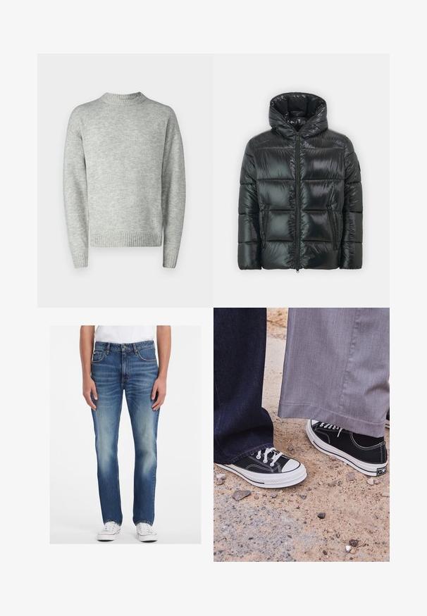 Zwarte pufferjas met een glanzende, gewatteerde textuur, capuchon en ritssluiting aan de voorkant. Beschikt over twee zijzakken en een slank silhouet.; Lichtgrijze pullover trui, gebreide textuur, ronde hals, lange mouwen, geribde zoom en manchetten, ontspannen pasvorm, minimalistisch ontwerp.; Blauwe denim jeans met een recht model, voorzien van een lichte wassing, vervaagde accenten en vijf-pocket stijl. Gecombineerd met witte sneakers.; Zwarte canvas sneakers met witte rubberen zolen en veters. Één voet is gecombineerd met donkerblauwe jeans, de andere met lichtgrijze broeken.