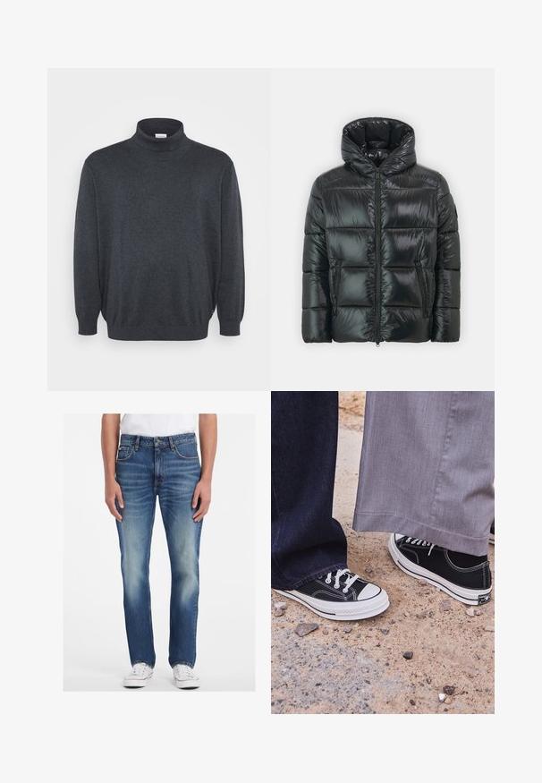 Doudoune noire avec une texture brillante et matelassée, capuche et fermeture éclair sur le devant. Comprend deux poches latérales et une silhouette ajustée.; Jack & Jones JJEBASIC ROLL NECK - Pullover - dark grey melange; Jeans en denim bleu avec un design à jambe droite, présentant un délavé clair, des accents usés et une coupe à cinq poches. Associés à des baskets blanches.; Baskets noires en toile avec des semelles et des lacets en caoutchouc blancs. Un pied est associé à un jean bleu foncé, l'autre à un pantalon gris clair.