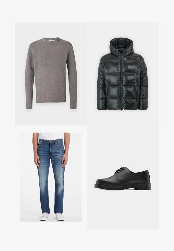 Zwarte pufferjas met een glanzende, gewatteerde textuur, capuchon en ritssluiting aan de voorkant. Beschikt over twee zijzakken en een slank silhouet.; DRYKORN LEANDO - Trui - grey; Blauwe denim jeans met een recht model, voorzien van een lichte wassing, vervaagde accenten en vijf-pocket stijl. Gecombineerd met witte sneakers.; Zwarte leren oxford schoenen met vetersluiting, ronde neus, platte rubberen zool en subtiele stiksel details langs het bovenwerk.